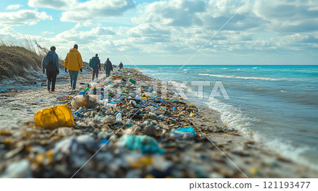 Group of eco volunteers walking to collection plastic and other rubbish on the beach. Rubbish are lying on the seashore after storm. Ocean pollution. 121193477