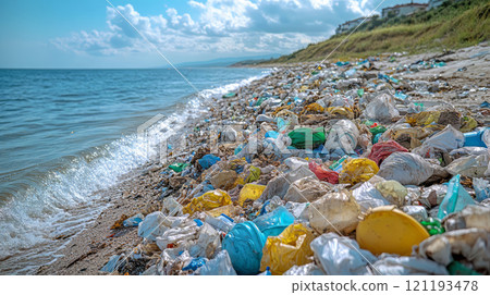 Plastic bottles, polyethylene bags and other rubbish on the seashore after storm. Garbage along the seashore against blue sea, sky and white clouds. 121193478