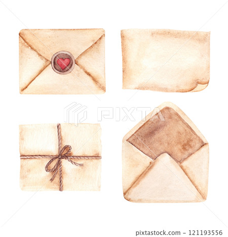 Set of Old Envelopes, Paper and Letters in Vintage style. Watercolor hand drawn Retro illustrations in beige tones isolated on a white background. Design elements for Valentines day or Wedding designs 121193556