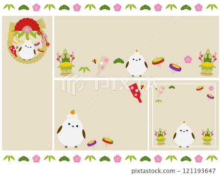 4 種可愛條紋長尾蛾和新年背景一套 121193647