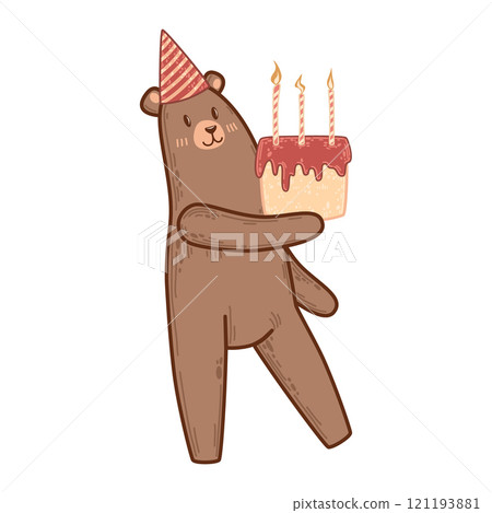 Festive bear holding a birthday cake with lit candles and wearing a party hat. Vector art whimsical design perfect for woodland-themed birthday celebrations, festive cards, or celebration decor. Festive bear holding a birthday cake with lit candles and wearing a party hat. Vector art whimsical design perfect for woodland-themed birthday celebrations, festive cards, or celebration decor. 121193881