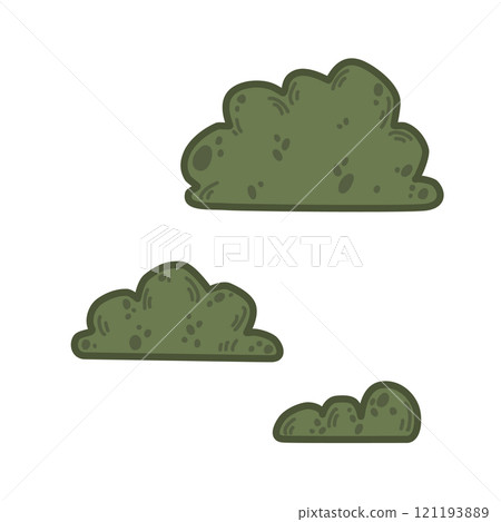 Green bushes set in varying sizes, vector illustration in a rustic hand-drawn style. For forest-themed designs, outdoor decor, or natural landscapes, event backdrops, or eco-friendly graphics Green bushes set in varying sizes, vector illustration in a rustic hand-drawn style. For forest-themed designs, outdoor decor, or natural landscapes, event backdrops, or eco-friendly graphics 121193889