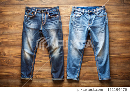 Two blue jeans. Comfortable and practical pants with pockets 121194476