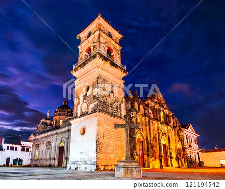 La Merced Church Illuminated at Night in Granada, Nicaragua, Central America 121194542