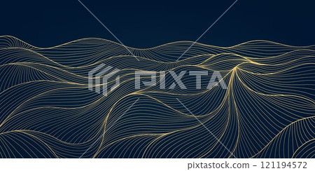 Vector art deco line wave pattern, gold on blue elegant texture, abstract wavy shapes. Premium illustration template, fancy dark copper graphic. Vector art deco line wave pattern, gold on blue elegant texture, abstract wavy shapes. Premium illustration template, fancy dark copper graphic. 121194572