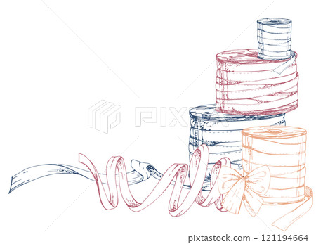 Sewing craft embroidery supplies. Threads ribbons spools bobbins fabric. Hand drawn ink vector illustration. Frame isolated on white background. Design atelier, tailor, hobby shop, fashion boutique 121194664
