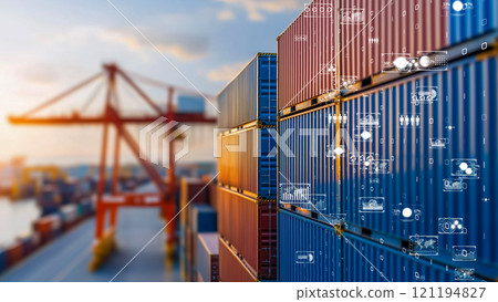 Visualization of a futuristic logistics hub, global connectivity and trade efficiency 121194827