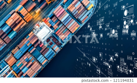 Visualization of a futuristic logistics hub, global connectivity and trade efficiency 121194831