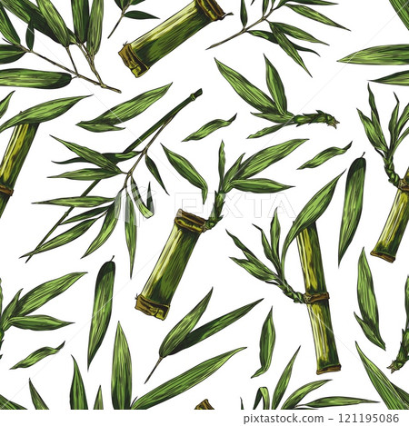 Seamless pattern of bamboo leaves, stems, twigs. 121195086