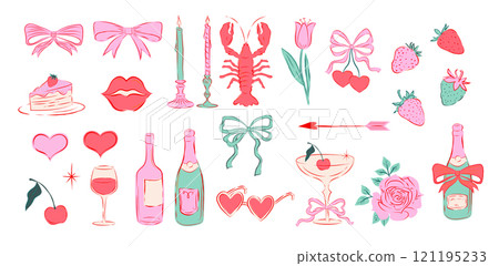 Elegant hand drawn style elements for Valentines day and wedding illustrations. Concept love themed 121195233