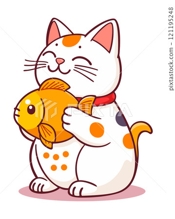 Cute kawaii maneki neko cat holding gold fish. Vector isolated illustration 121195248