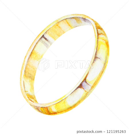Watercolor illustration of golden wedding ring. Hand drawn isolated clipart for jewelry store promotional products, invitations, romantic projects, bride and groom attribute, Valentine's day gift 121195263