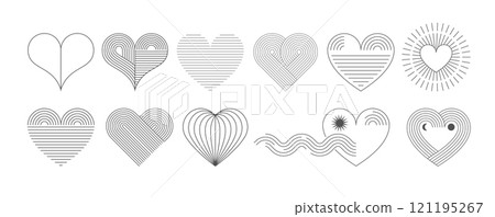 Bohemian Valentines day abstract linear art hearts. Minimalist geometric Valentines heart symbols 121195267