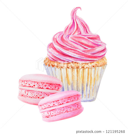 Watercolor illustration of a cupcake with vibrant pink swirled frosting and macarons. Isolated clipart is perfect for bakery branding, dessert menu, food-related design, greeting cards, party projects 121195268