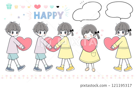 Illustration set of a girl and a boy holding a big heart Illustration set of a girl and a boy holding a big heart 121195317