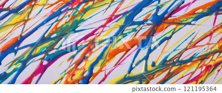 Orange, yellow, blue lines and splashes drawn on white background. Abstract art backdrop with purple stroke. 121195364