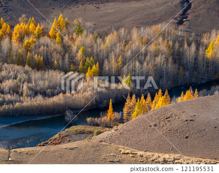 Autumn mountain valley with a river. Autumn mountain valley with a river. 121195531