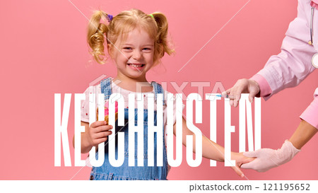Poster. Contemporary art collage. Girl receiving vaccination and text KEUCHHUSTEN in German, meaning pertussis, displayed on pink background. 121195652