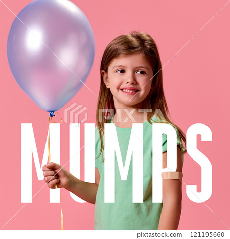 Poster. Contemporary art collage. Girl smiling with balloon with overlaid text MUMPS in English, meaning mumps, placed on pink background. Poster. Contemporary art collage. Girl smiling with balloon with overlaid text MUMPS in English, meaning mumps, placed on pink background. 121195660