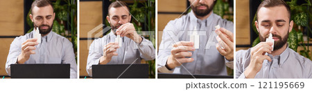 Young man using nasal spray, shaking bottle, spraying into nostrils for sinus congestion relief. Symptom and treatment. Young man using nasal spray, shaking bottle, spraying into nostrils for sinus congestion relief. Symptom and treatment. 121195669