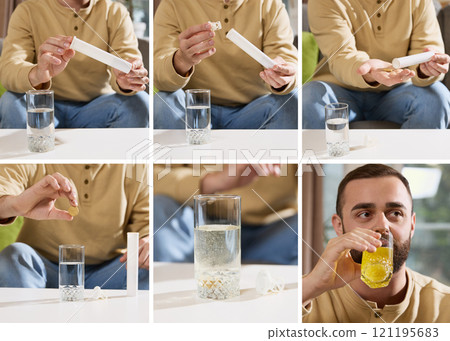 Symptom and treatment. Man using effervescent tablet in glass of water step-by-step, showcasing preparation and consumption process. Symptom and treatment. Man using effervescent tablet in glass of water step-by-step, showcasing preparation and consumption process. 121195683