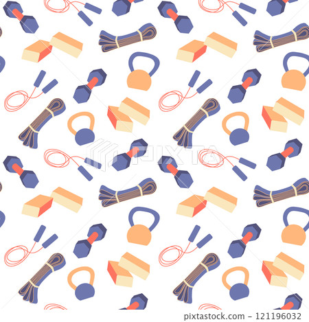 Fitness essentials vector seamless pattern. Sport equipment for gym workout and yoga exercises isolated on white background. Colorful kettlebells, dumbbell, resistance band, jump rope, yoga bricks 121196032