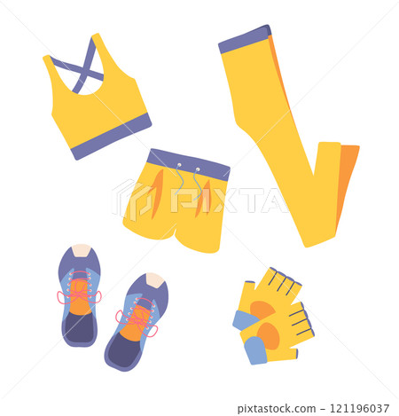 Women's fitness clothes and shoes vector set. Fitness clothing and accessories illustration. Sports bra, shorts, leggings, sneakers, half-finger gloves for gym, workout, home training, yoga, pilates Women's fitness clothes and shoes vector set. Fitness clothing and accessories illustration. Sports bra, shorts, leggings, sneakers, half-finger gloves for gym, workout, home training, yoga, pilates 121196037
