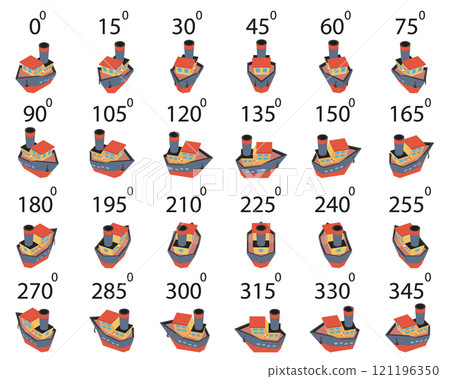A set of 24 cartoon ships from different angles. A set of 24 cartoon ships from different angles. 121196350