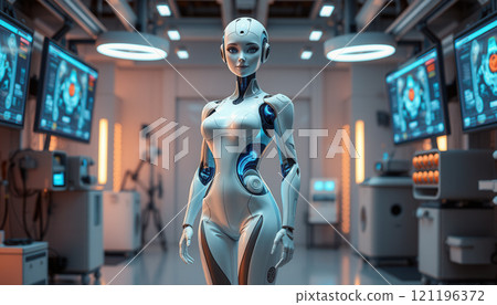 A female robot stands in a modern laboratory 121196372