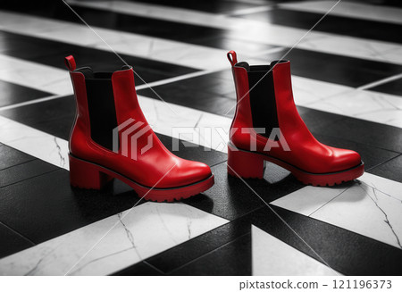 A pair of trendy red rubber boots on a black and white tile floor A pair of trendy red rubber boots on a black and white tile floor 121196373