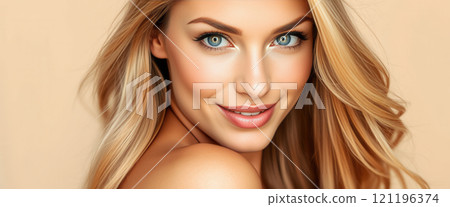 Close-up portrait of a beautiful young blonde on a wide beige background 121196374
