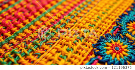 Multicolored crochet pattern, close-up, wide background Multicolored crochet pattern, close-up, wide background 121196375