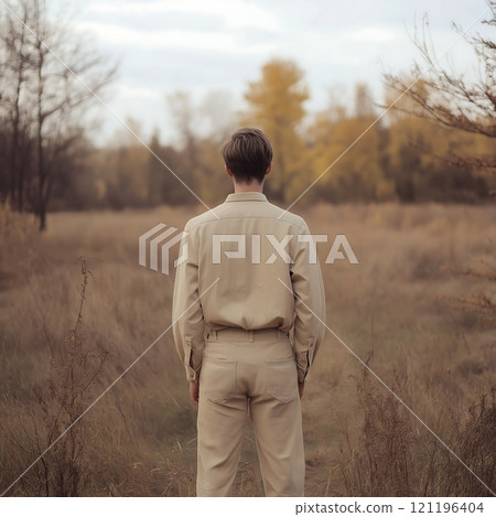 A man in a tan shirt and khaki pants is in a wide field A man in a tan shirt and khaki pants is in a wide field 121196404