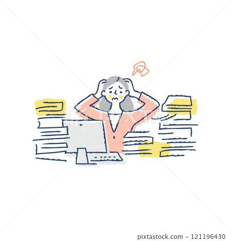 A woman business person holding a lot of documents and her head 121196430