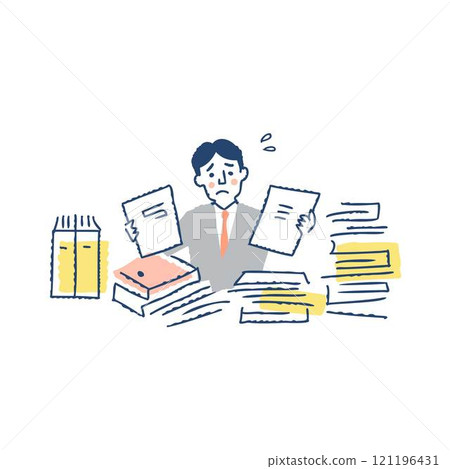 忙於大量文書工作和工作的男性商人。 121196431