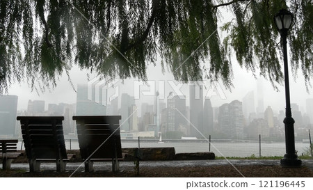 New York City waterfront skyline, Manhattan Midtown riverfront skyscrapers. Cityscape from Queens. 121196445