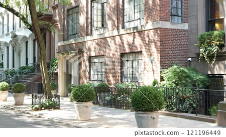 New York City townhouse building, Brooklyn Heights residential brownstone house architecture in USA. 121196449