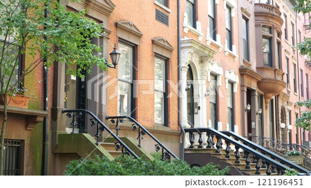 New York City townhouse building, Brooklyn Heights residential brownstone house architecture in USA. 121196451