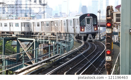 New York subway station. Metro train on metropolitan platform, United states public transportation. 121196463