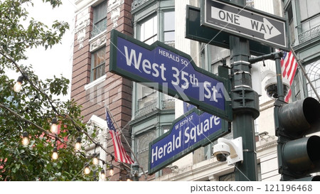 New York City crossroad, street intersection road sign. Manhattan Broadway, Herald Square, Midtown. New York City crossroad, street intersection road sign. Manhattan Broadway, Herald Square, Midtown. 121196468
