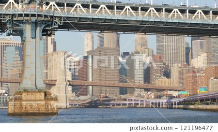 New York City Manhattan Bridge to Brooklyn. Waterfront downtown skyline cityscape, river Pier 35. 121196477