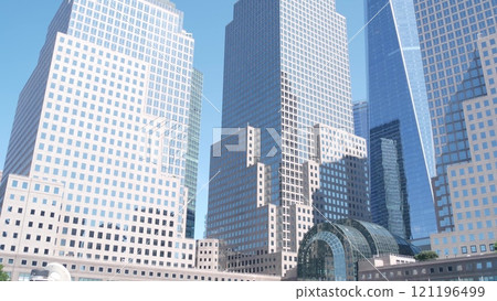 New York City Manhattan Downtown Financial District street. World Trade Center, Battery park, USA. 121196499