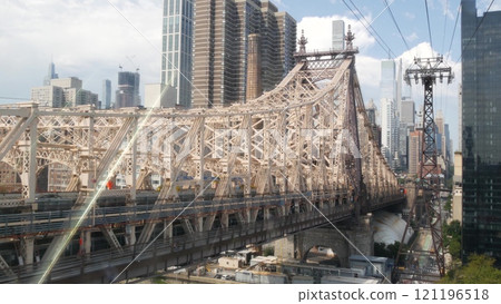 New York City Roosevelt Island tramway to Manhattan Midtown. Cable tram and Queensboro Bridge, USA. 121196518