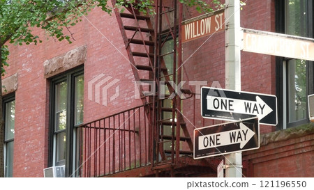 New York City crossroad, Willow street intersection, one way road sign. Brooklyn Heights real estate New York City crossroad, Willow street intersection, one way road sign. Brooklyn Heights real estate 121196550