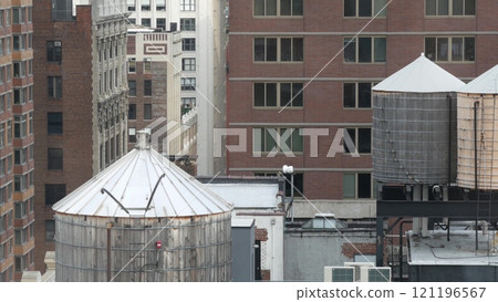New York City Manhattan cityscape. Rooftop water towers, residential district buildings roof tanks. New York City Manhattan cityscape. Rooftop water towers, residential district buildings roof tanks. 121196567