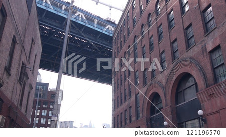 New York City Manhattan Bridge in Dumbo. Industrial red brick building, Plymouth street in Brooklyn. New York City Manhattan Bridge in Dumbo. Industrial red brick building, Plymouth street in Brooklyn. 121196570