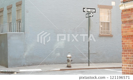 New York City oneway crossroad, Minetta street intersection, one way road sign. Manhattan, Greenwich New York City oneway crossroad, Minetta street intersection, one way road sign. Manhattan, Greenwich 121196571