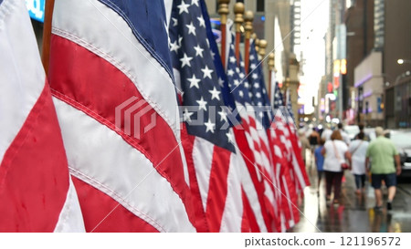 New York, american flags. Manhattan midtown city street patriotism. People, Broadway, Times Square. New York, american flags. Manhattan midtown city street patriotism. People, Broadway, Times Square. 121196572
