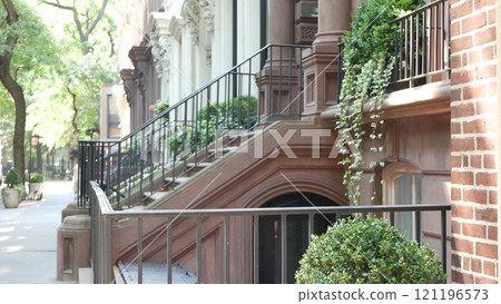 New York City townhouse building, Brooklyn Heights residential brownstone house architecture in USA. 121196573