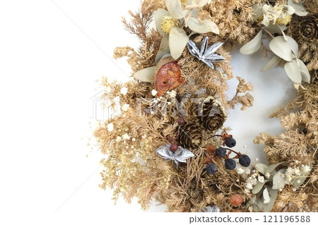 Dried flower wreath on white background 121196588